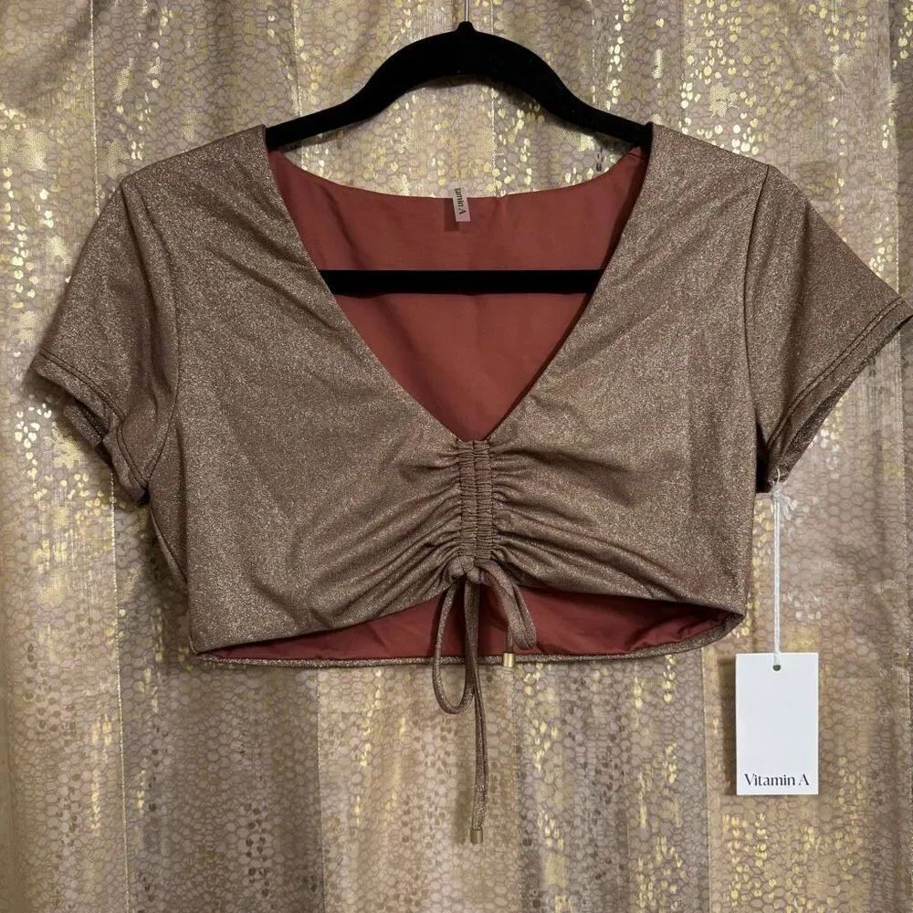 Vitamin A Gemma Ruched Crop Swim Top Brown Gold Shimmer Metallic Large NWT